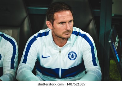 Istanbul, Turkey - August 14, 2019: Coach Frank Lampard with referee during the UEFA Super Cup Finals match between Liverpool and Chelsea at Vodafone Park in Vodafone Arena, Turkey