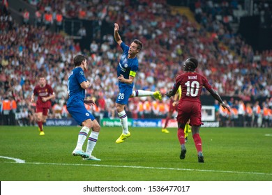 Istanbul, Turkey - August 14, 2019: Sadio Mane, Andreas Christensen And Cesar Azpilicueta In The UEFA Super Cup.