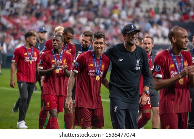 Istanbul, Turkey - August 14, 2019: Jurgen Klopp Coach (manager) Of Liverpool FC Celebrating In The UEFA Super Cup.