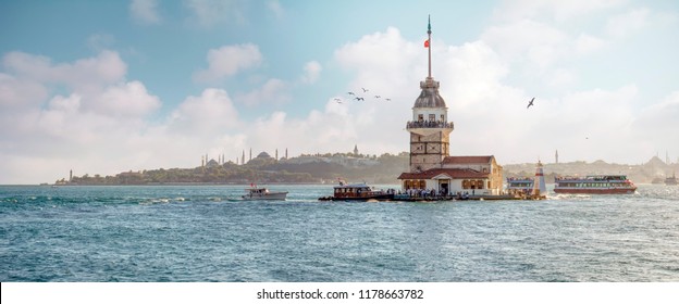 ISTANBUL, TURKEY - August 14 : Maiden's Tower or Kiz Kulesi located in the middle of Bosporus, Istanbul August 14, 2018 in Turkey.