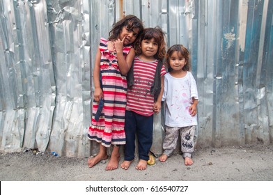 Istanbul, Turkey. August 15, 2014. Unidentified Children Syrian Refugees Are Standing On The Street. Istanbul, Turkey