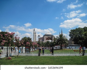 ISTANBUL TURKEY - AUGUST 20, 2018: Group Of Tourists Go To Museum The Cathedral Of St. Sophia. Hagia Sophia A Symbol Of The 