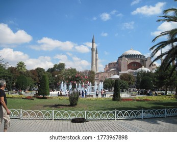 ISTANBUL TURKEY - AUGUST 20, 2018: People Go To See The Cathedral Of St. Sophia. Hagia Sophia A Symbol Of The 