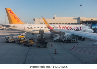 ISTANBUL, TURKEY - AUGUST, 2019: Sabiha Gökçen International Airport. Pegasus Airlines Aircraft In The Apron