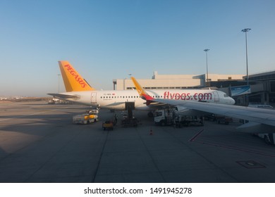 ISTANBUL, TURKEY - AUGUST, 2019: Sabiha Gökçen International Airport. Pegasus Airlines Aircraft In The Apron