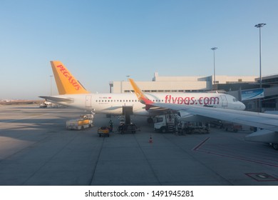 ISTANBUL, TURKEY - AUGUST, 2019: Sabiha Gökçen International Airport. Pegasus Airlines Aircraft In The Apron