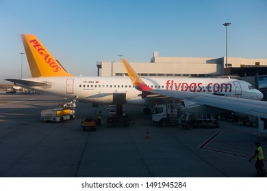 ISTANBUL, TURKEY - AUGUST, 2019: Sabiha Gökçen International Airport. Pegasus Airlines Aircraft In The Apron