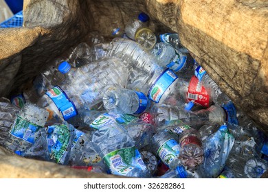 ISTANBUL, TURKEY - August 23, 2015: Used crushed water plastic bottles in plastic garbage bags for recycling include popular brands,Istanbul,Turkey.