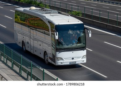 ISTANBUL, TURKEY - AUGUST 3, 2020: Travel Company Bus Mercedes-Benz Travego On The Road.