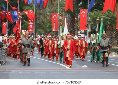 ISTANBUL, TURKEY - AUGUST 30, 2015: Ottoman military band Mehter march during 95th anniversary of 30 August Turkish Victory Day parade on Vatan Avenue