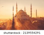 Istanbul, Turkey. Blue Mosque (Sultanahmet Camii) at sunset. Seagulls on the background of sunset. The landmark of Istanbul.