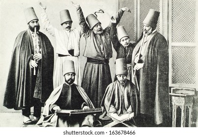 ISTANBUL, TURKEY - CIRCA 1900's :Mevlevi Sufi Dervishes. Mevlevi dervish also known as Whirling Dervish(a spiritual sect following Rumi's way) saluting traditionally