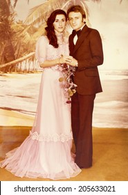 ISTANBUL, TURKEY, CIRCA 1970s:  A Vintage Photo Of A Young Couple On Their Wedding Day.Istanbul, Turkey, Circa 1970s.