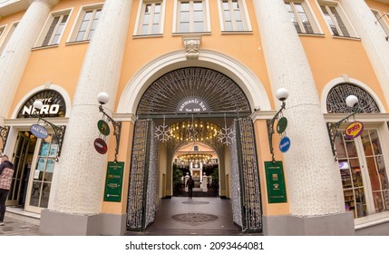 Istanbul Turkey, December 18, 2021: Entrance of Narmanli Han building  on Istiklal Street, one of the popular attraction center of the city, Beyoglu district, european side