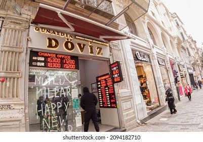 ISTANBUL TURKEY December 18, 2021, exterior view of currency change exchange office and rates in Beyoglu district, Istanbul, dollar, euro Turkish lira ( döviz  bürosu, Beyoğlu) Turkey
