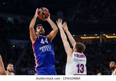 ISTANBUL / TURKEY - DECEMBER 20, 2019: Krunoslav Simon and Janis Strelnieks in action during EuroLeague 2019-2020 Round 15 basketball game between Anadolu Efes and CSKA Moscow at Sinan Erdem Dome.