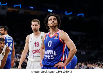 ISTANBUL / TURKEY - DECEMBER 20, 2019: Shane Larkin and Janis Strelnieks during EuroLeague 2019-2020 Round 15 basketball game between Anadolu Efes and CSKA Moscow at Sinan Erdem Dome.