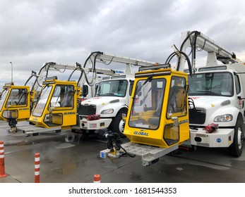 Istanbul / Turkey - December 27th 2019: De-icing / Anti-icing Global branded Trucks ready to use in Istanbul Ground Airport for Turkish Groung Services (TGS)
