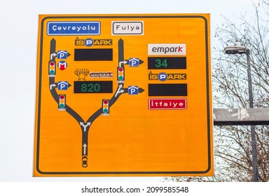 Istanbul, Turkey, December 30 2021, Street sign, road sign or map, on road to provide information way of Fulya, fire station  ispark and Empark Parking Lots, Cevahir Shopping Mall, europe side