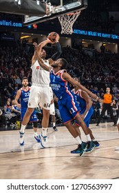 Istanbul / Turkey - December 7, 2018: Gustavo Ayon Shooting Over Rodrigue Beaubois During EuroLeague 2018-19 Round 2 Basketball Game Anadolu Efes Vs Real Madrid At Sinan Erdem Dome.