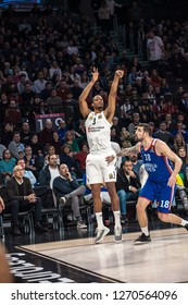 Istanbul / Turkey - December 7, 2018: Anthony Randolph Shooting Over Adrien Moerman During EuroLeague 2018-19 Round 2 Basketball Game Anadolu Efes Vs Real Madrid At Sinan Erdem Dome.