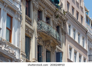 Istanbul, Turkey, Exterior view of Han Beyoglu ( Beyoğlu Han) Building, iron balcony,  inn, rue de grand pera, istiklal street, taksim district which is the most famous attraction center of the city