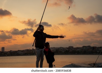 Istanbul Turkey; Family Fishing At Sunset On Samatya Beach. Happy Kids. 15 November 2021 