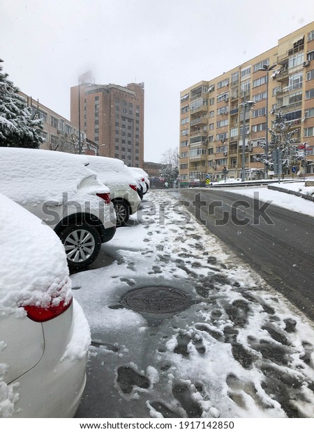 Istanbul, Turkey - Feb 14,\
2021; Street under snow in Besiktas district of Istanbul, Turkey in\
winter