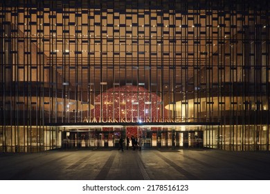 Istanbul, Turkey - Feb 16 2021:Exterior Night View Of Ataturk Cultural Center Entrance, Known As AKM In Taksim Square, (known Atatürk Kültür Merkezi In Turkish)