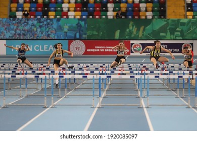 ISTANBUL, TURKEY - FEBRUARY 06, 2021: Athletes Running 60 Metres Hurdles During Turkish Indoor Athletics Championships