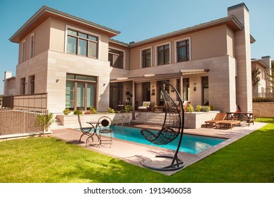 Istanbul, TURKEY February 09, 2021: DETACHED VILLA WITH GARDEN AND POOL IN THE NATURE