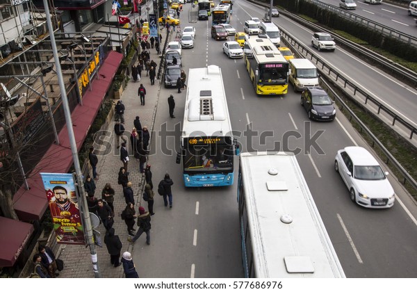 Istanbul, Turkey - February 11, 2017: Cars\
going on long way there is not traffic passengers get on bus from\
Mecidiyekoy of\
Istanbul.