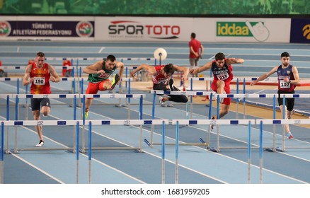 ISTANBUL, TURKEY - FEBRUARY 15, 2020: Athletes Running 60 Metres Hurdles During Balkan Athletics Indoor Championships