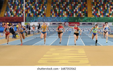 ISTANBUL, TURKEY - FEBRUARY 15, 2020: Athletes Running 60 Metres Hurdles During Balkan Athletics Indoor Championships