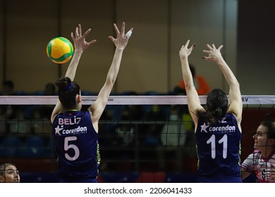 ISTANBUL, TURKEY - FEBRUARY 15, 2022: Beliz Baskir And Naz Aydemir Akyol In Action During Fenerbahce Opet Vs Beziers Volley CEV Champions League Volley Match In Burhan Felek Sport Hall