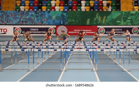 ISTANBUL, TURKEY - FEBRUARY 16, 2020: Athletes Running 60 Metres Hurdles During ​Istanbul Athletics Cup