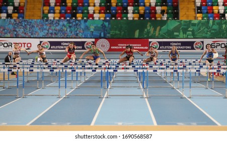 ISTANBUL, TURKEY - FEBRUARY 16, 2020: Athletes Running 60 Metres Hurdles During ​Istanbul Athletics Cup