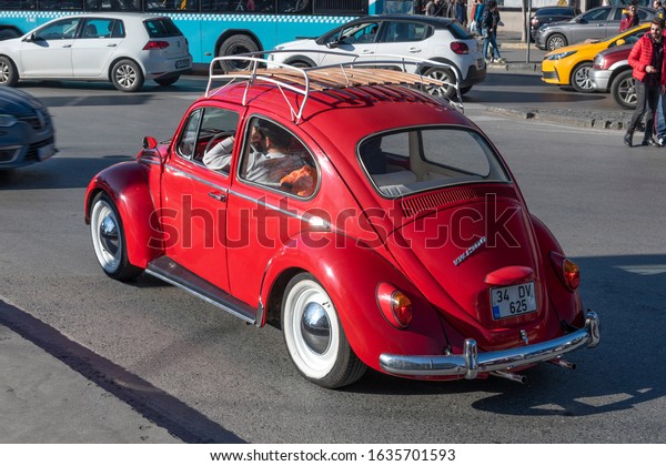 ISTANBUL, TURKEY -\
FEBRUARY 2, 2020: Vintage car Volkswagen Beetle (Volkswagen Bug) on\
the street.