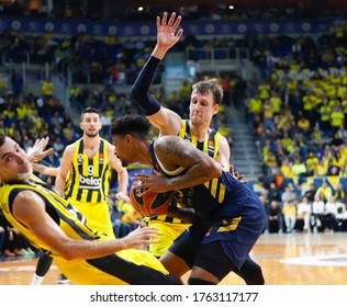 ISTANBUL / TURKEY - FEBRUARY 20, 2020: Jordan Mickey, Jan Vesely And Kostas Sloukas In Action During EuroLeague 2019-20 Round 24 Basketball Game Between Fenerbahce And Real Madrid.