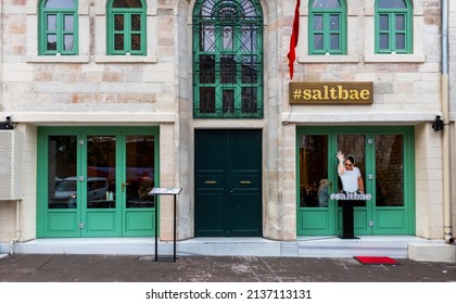 ISTANBUL, TURKEY - FEBRUARY 20, 2022: Nusret Saltbae Burger Galata Restaurant. Beyoglu, Istanbul, Turkey.