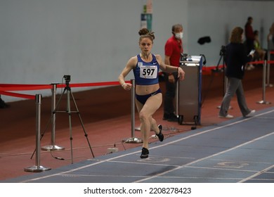 ISTANBUL, TURKEY - FEBRUARY 26, 2022: Undefined Athlete Running During Turkish Indoor Athletics Championships In Atakoy Athletics Arena