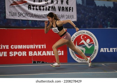 ISTANBUL, TURKEY - FEBRUARY 26, 2022: Undefined Athlete Running During Turkish Indoor Athletics Championships In Atakoy Athletics Arena