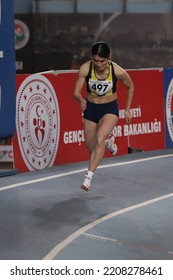 ISTANBUL, TURKEY - FEBRUARY 26, 2022: Undefined Athlete Running During Turkish Indoor Athletics Championships In Atakoy Athletics Arena