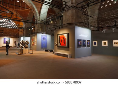 Istanbul, Turkey - FEBRUARY 27, 2017: Visitors in Tophane-i Amire, a modern exhibition hall, former cannon foundry. Victor Vasarely Retrospective exhibition.