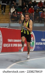 ISTANBUL, TURKEY - FEBRUARY 27, 2022: Undefined Athlete Running During Turkish Indoor Athletics Championships In Atakoy Athletics Arena