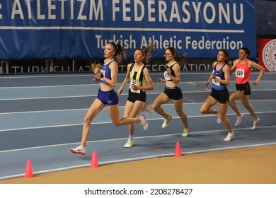 ISTANBUL, TURKEY - FEBRUARY 27, 2022: Athletes Running During Turkish Indoor Athletics Championships In Atakoy Athletics Arena