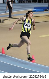 ISTANBUL, TURKEY - FEBRUARY 27, 2022: Undefined Athlete Running During Turkish Indoor Athletics Championships In Atakoy Athletics Arena