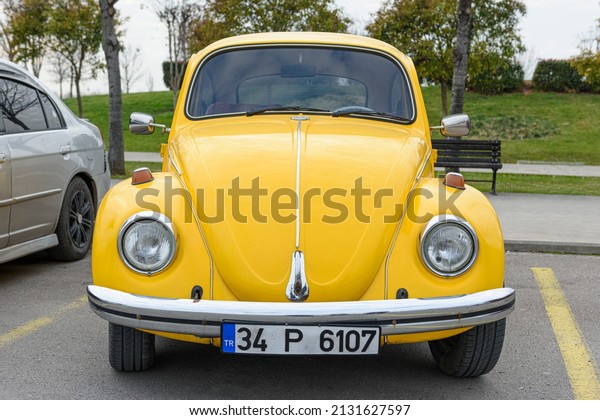 ISTANBUL, TURKEY -\
FEBRUARY 27, 2022: Vintage car Volkswagen Beetle (Volkswagen Bug)\
on the street.