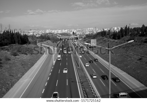 Istanbul, Turkey- February 5, 2014. Traffic on\
one of the high way in\
Istanbul.