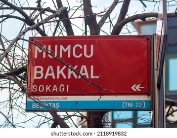 ISTANBUL TURKEY, February 5, 2022: Sign board of Mumcu Bakkal Street, alley ( Mumcu BakkalSokak, Sinanpaşa, Beşiktaş ) located at Sinanpasa neigborhood of Besiktas district, Istanbul city, europe side - Shutterstock ID 2118919832